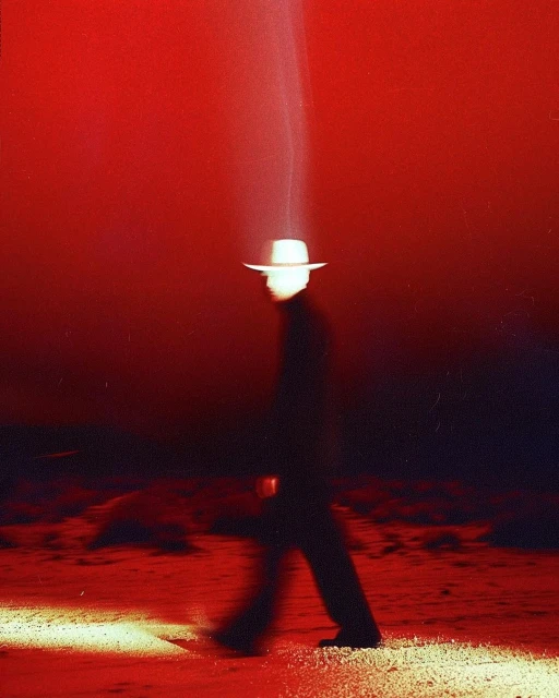 Blurred figure in a dark suit and white hat walking through a red-tinted, barren landscape under a spotlight effect.