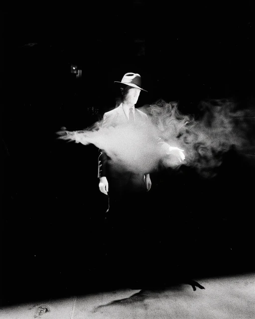 Monochrome portrait of a man in a suit and fedora standing in the dark with smoke around him, creating a mysterious atmosphere.