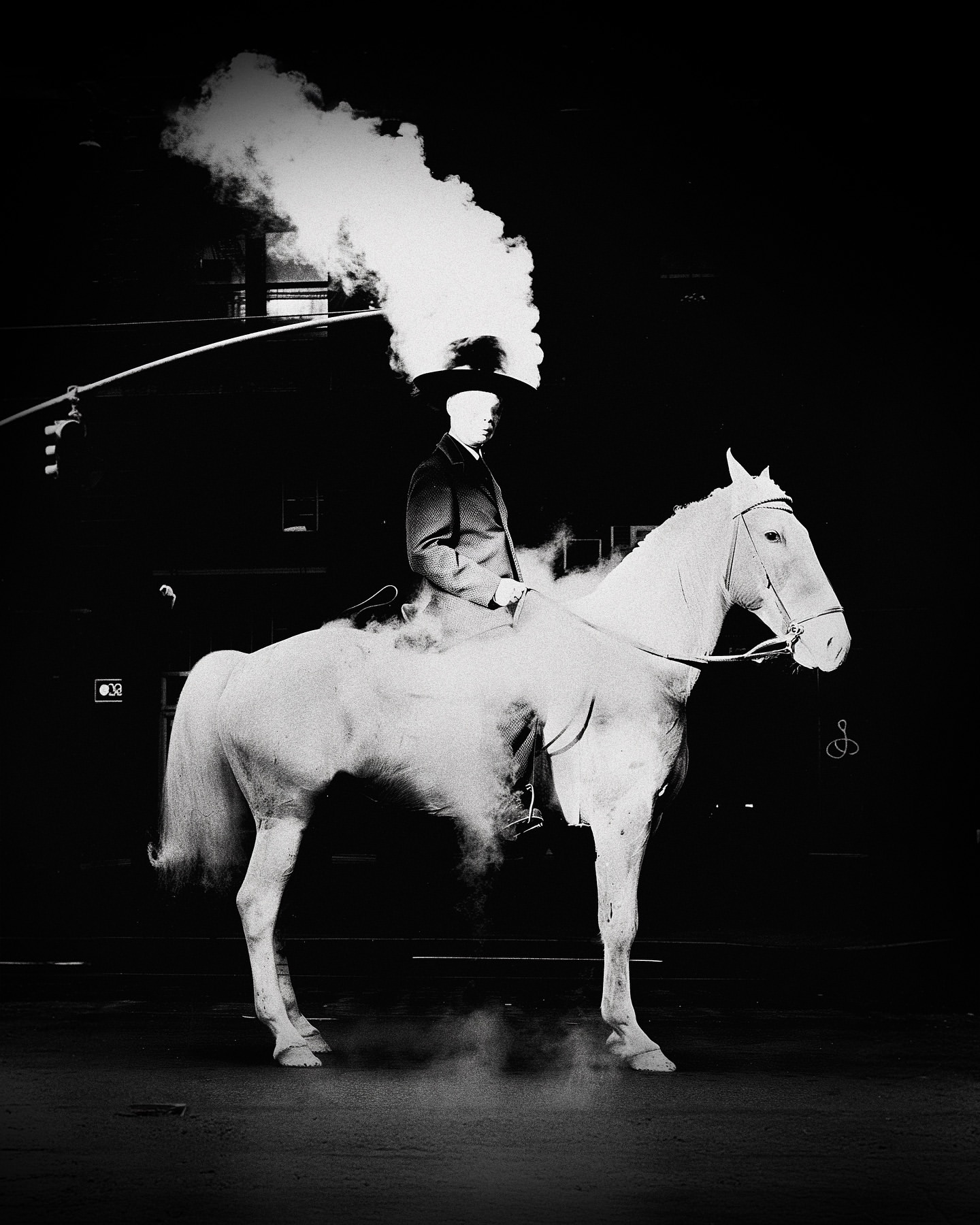 A person in formal attire riding a white horse, with a large cloud of smoke emanating from the head, set against a dark background.