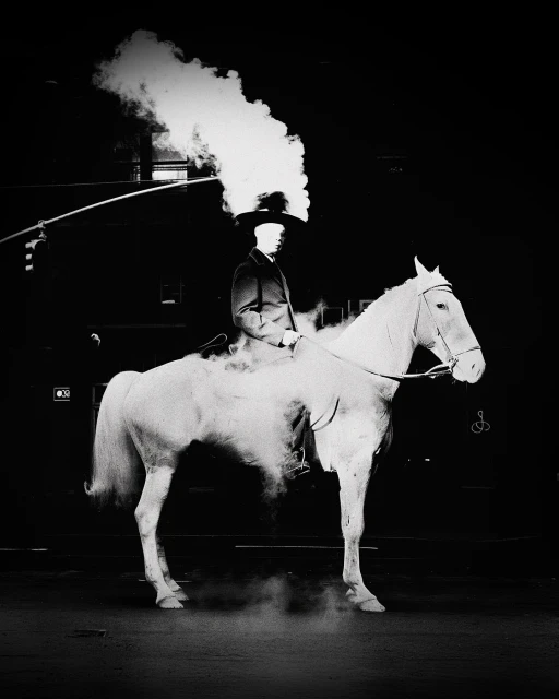 A person in formal attire riding a white horse, with a large cloud of smoke emanating from the head, set against a dark background.