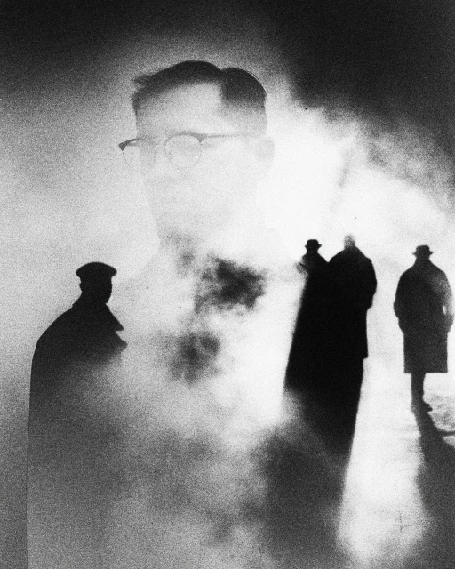 Monochromatic portrait of a man in glasses, partially obscured by fog, with two silhouetted figures walking in the hazy background.