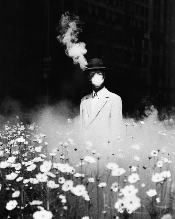 Man in suit and fedora standing in a field of flowers surrounded by smoke by Yza Voku