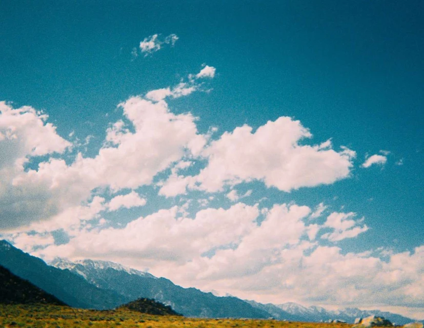 Snow-capped mountains rise in the distance beneath a blue sky filled with scattered cumulus clouds, with a field in the foreground.