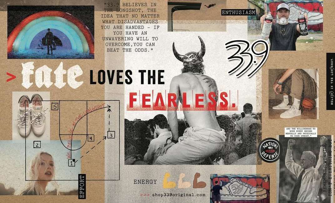 Artistic collage with diverse imagery: a figure beneath a rainbow, a horned figure, inspirational quotes, and athletic references create visual interest.