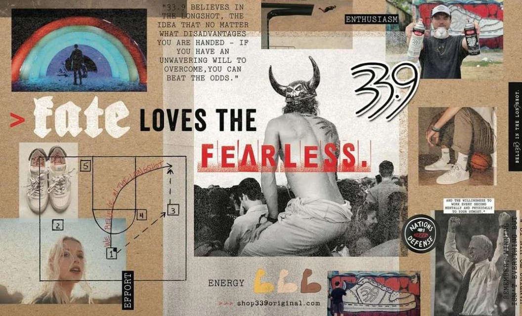 Artistic collage with diverse imagery: a figure beneath a rainbow, a horned figure, inspirational quotes, and athletic references create visual interest.