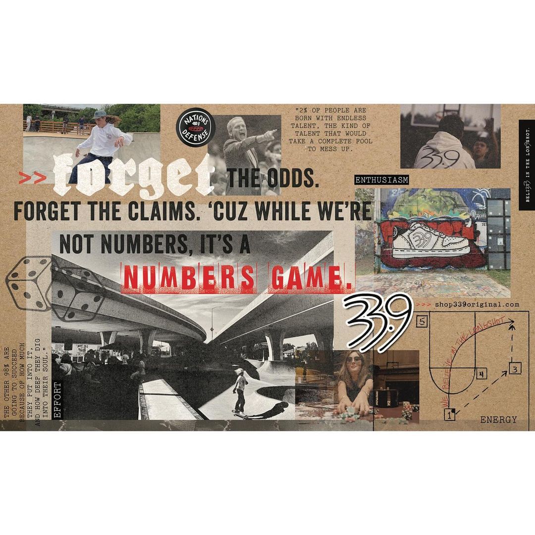 Collage-style image with skateboarding, architecture, and motivational text overlays on a brown background. Design featuring the number 339.