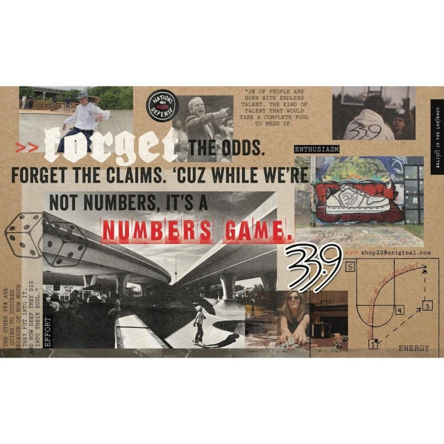 Collage-style image with skateboarding, architecture, and motivational text overlays on a brown background. Design featuring the number 339.
