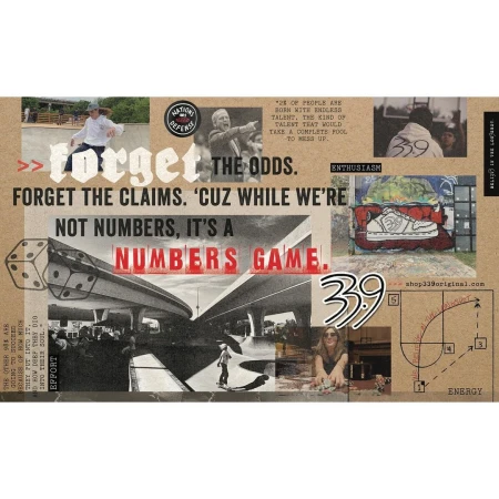 Collage-style image with skateboarding, architecture, and motivational text overlays on a brown background. Design featuring the number 339.