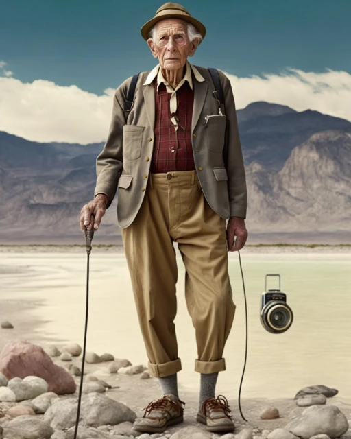 Full shot of an elderly man in outdoor gear holding a vintage camera and walking stick against a mountain backdrop on a cloudy day.