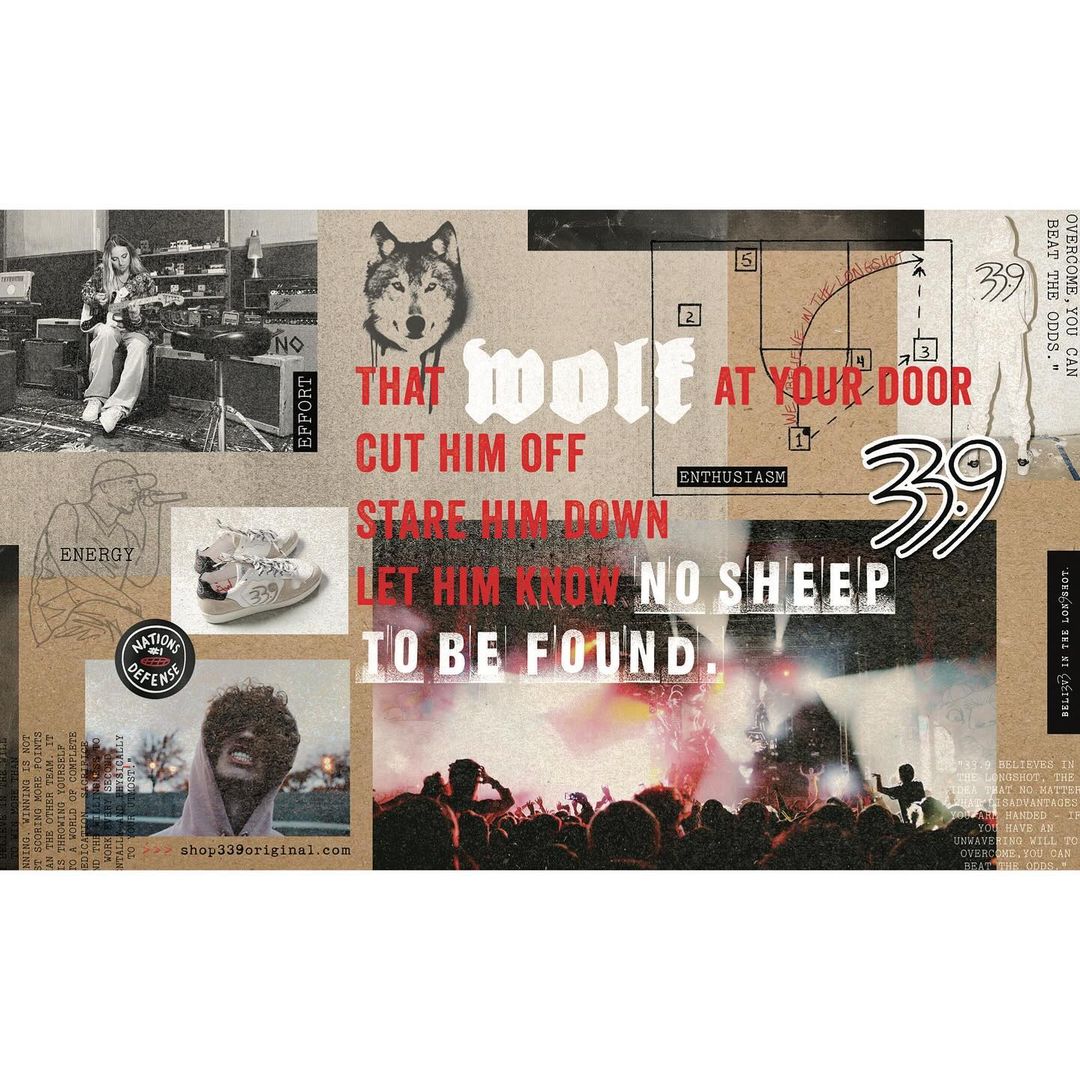 Collage with concert crowd, singer, shoes, and handwritten text. Wolf graphic and muted color scheme create a textured, layered effect.