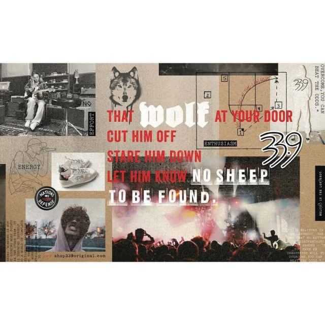 Collage with concert crowd, singer, shoes, and handwritten text. Wolf graphic and muted color scheme create a textured, layered effect.
