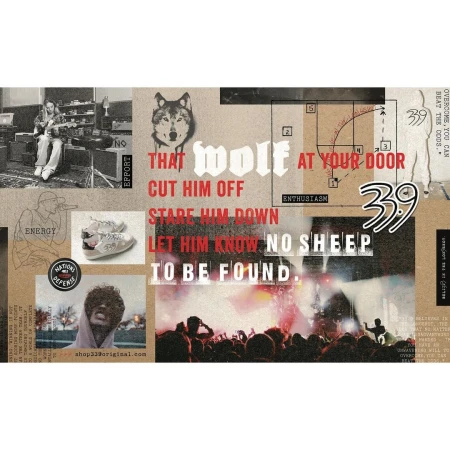 Collage with concert crowd, singer, shoes, and handwritten text. Wolf graphic and muted color scheme create a textured, layered effect.