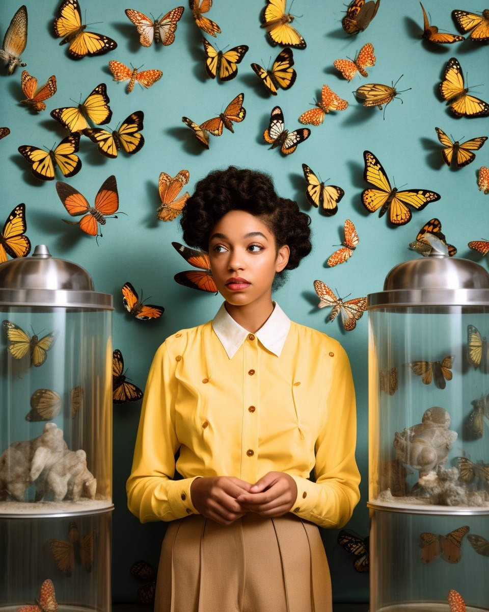 Woman in yellow shirt standing near butterfly collection on wall with glass display cases in front in a medium shot.