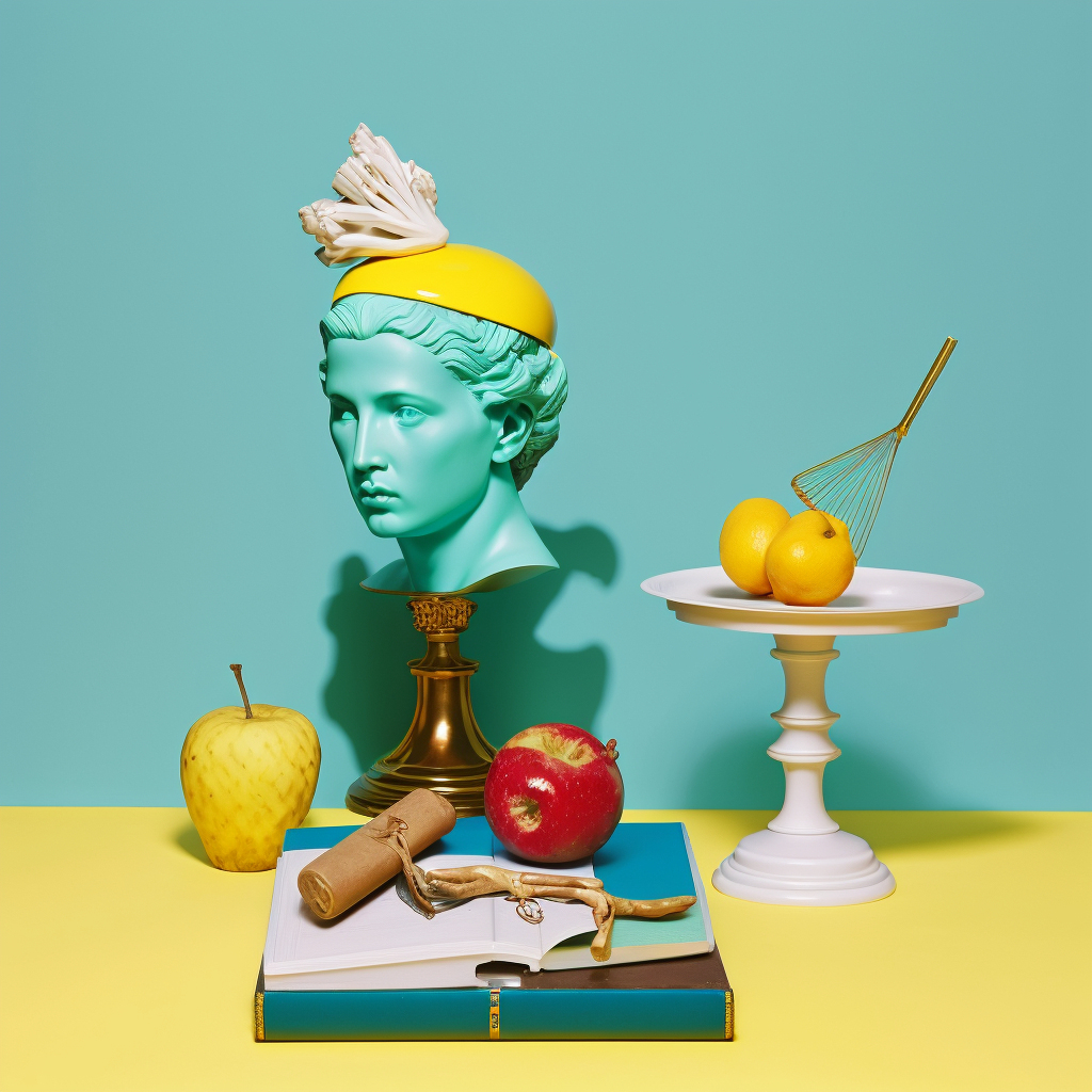 Surreal still life features a bust with a yellow cap, flanked by lemons and apples on a yellow and blue split background.