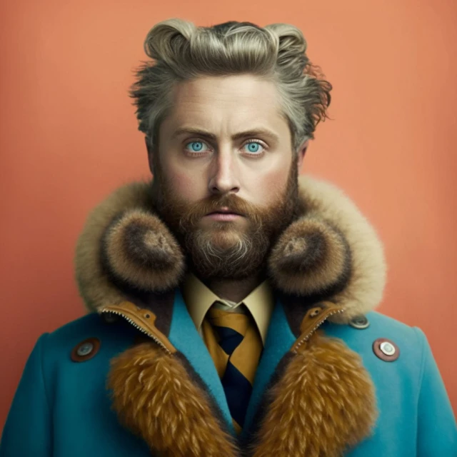 Man with blue eyes, blonde hair, and a beard, wearing a blue coat with fur trim, posing against an orange background in a portrait.