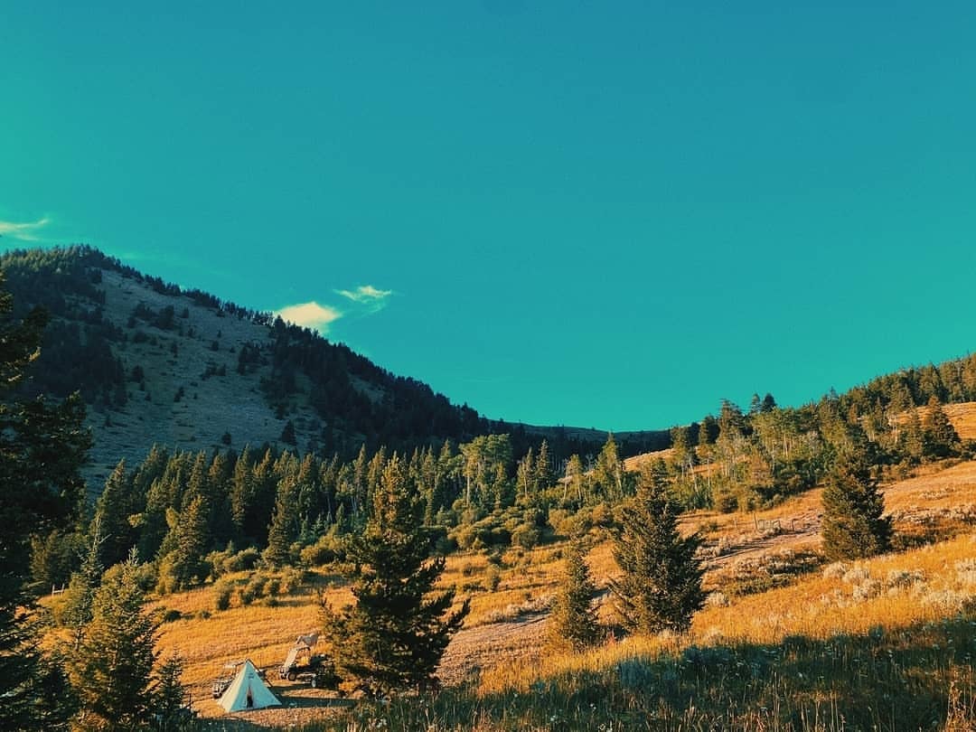 Scenic mountain landscape with a small white tent nestled among trees in a valley under a bright blue sky, creating a camping getaway.