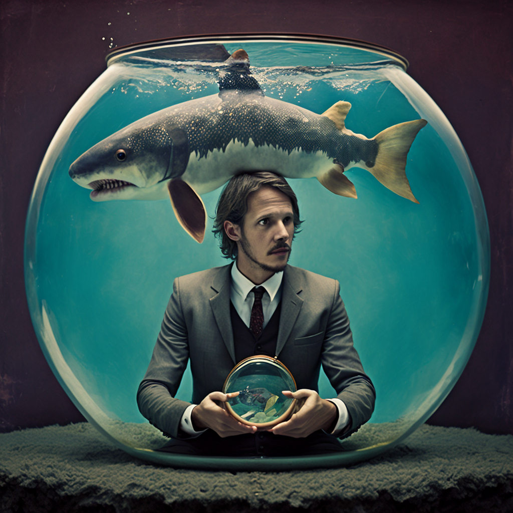 Surreal image of a man in a suit standing inside a large fishbowl with a shark resting on top of his head, holding a smaller fishbowl.