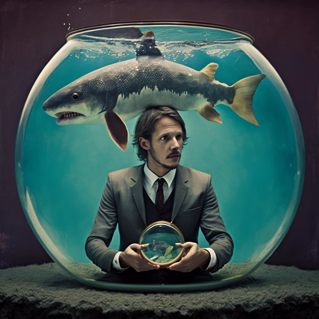 Surreal image of a man in a suit standing inside a large fishbowl with a shark resting on top of his head, holding a smaller fishbowl.