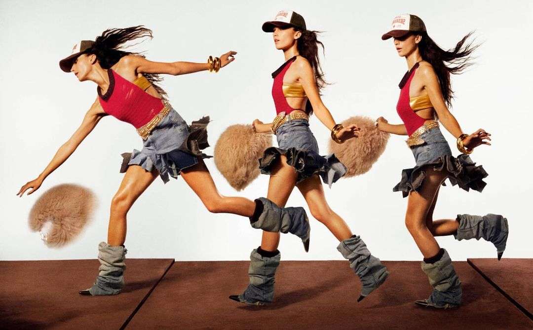 A woman in a red halter top, denim skirt, and denim leg warmers runs across a brown surface against a white background in multiple frames.