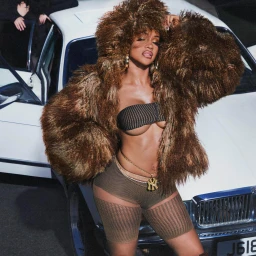 Woman wearing a shaggy brown faux fur coat and matching hat leaning against a white vintage car by photographer Zach Apo-tsang.