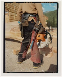 Rear view of a worker wearing a tool belt, chaps, and holding a chainsaw outdoors.