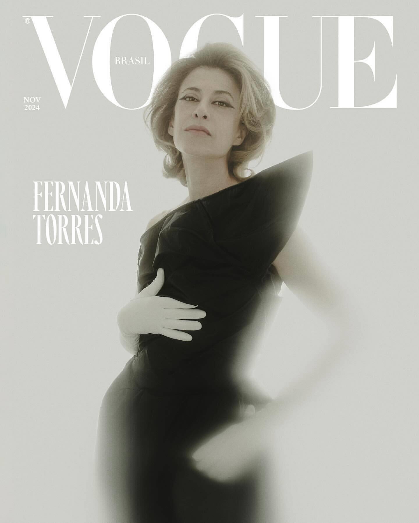Vogue Brasil cover featuring Fernanda Torres in an elegant black dress and gloves against a soft-focus white backdrop, November 2024.