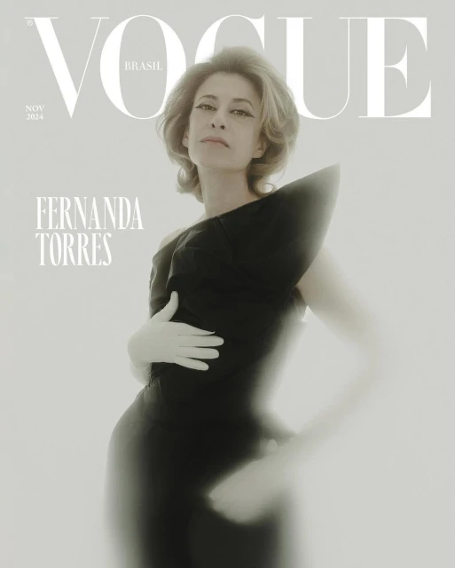 Vogue Brasil cover featuring Fernanda Torres in an elegant black dress and gloves against a soft-focus white backdrop, November 2024.