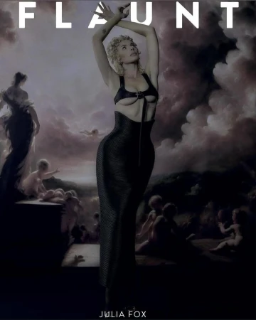 Julia Fox poses in black corset-like dress with an ornate background of a vintage landscape painting; fashion editorial cover.