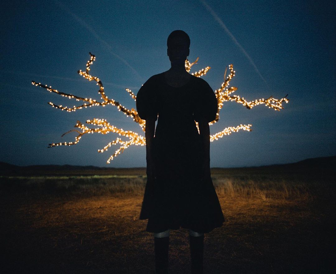 Silhouette of a female adult in a dress, standing outdoors at night near a decorative tree with lights, against a dark blue sky.