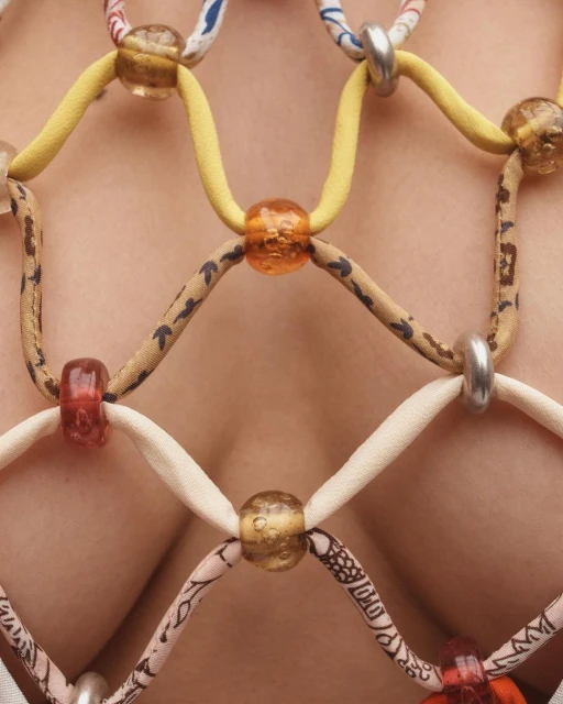 Close-up of a person wearing a handmade beaded top. The top features a net-like design with colorful beads and patterned fabric strips.