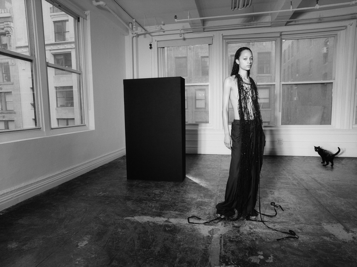 A woman in a dark fringed outfit poses next to a black block in a bright room. A black cat is in the background, near windows.