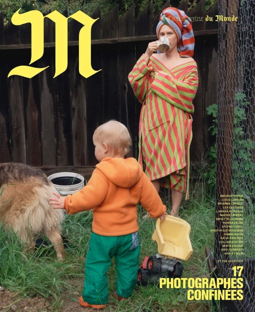 Magazine cover featuring a child in orange jacket, a woman in striped robe drinking from a mug, and a dog in a grassy outdoor setting.