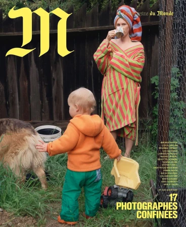 Magazine cover featuring a child in orange jacket, a woman in striped robe drinking from a mug, and a dog in a grassy outdoor setting.