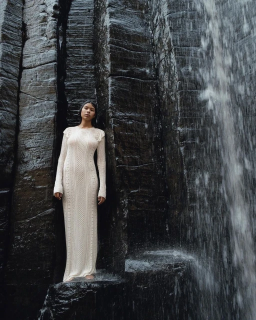 Woman in long cream dress poses on rocks near dark rockface with waterfall. Full-length shot of model in a natural setting.