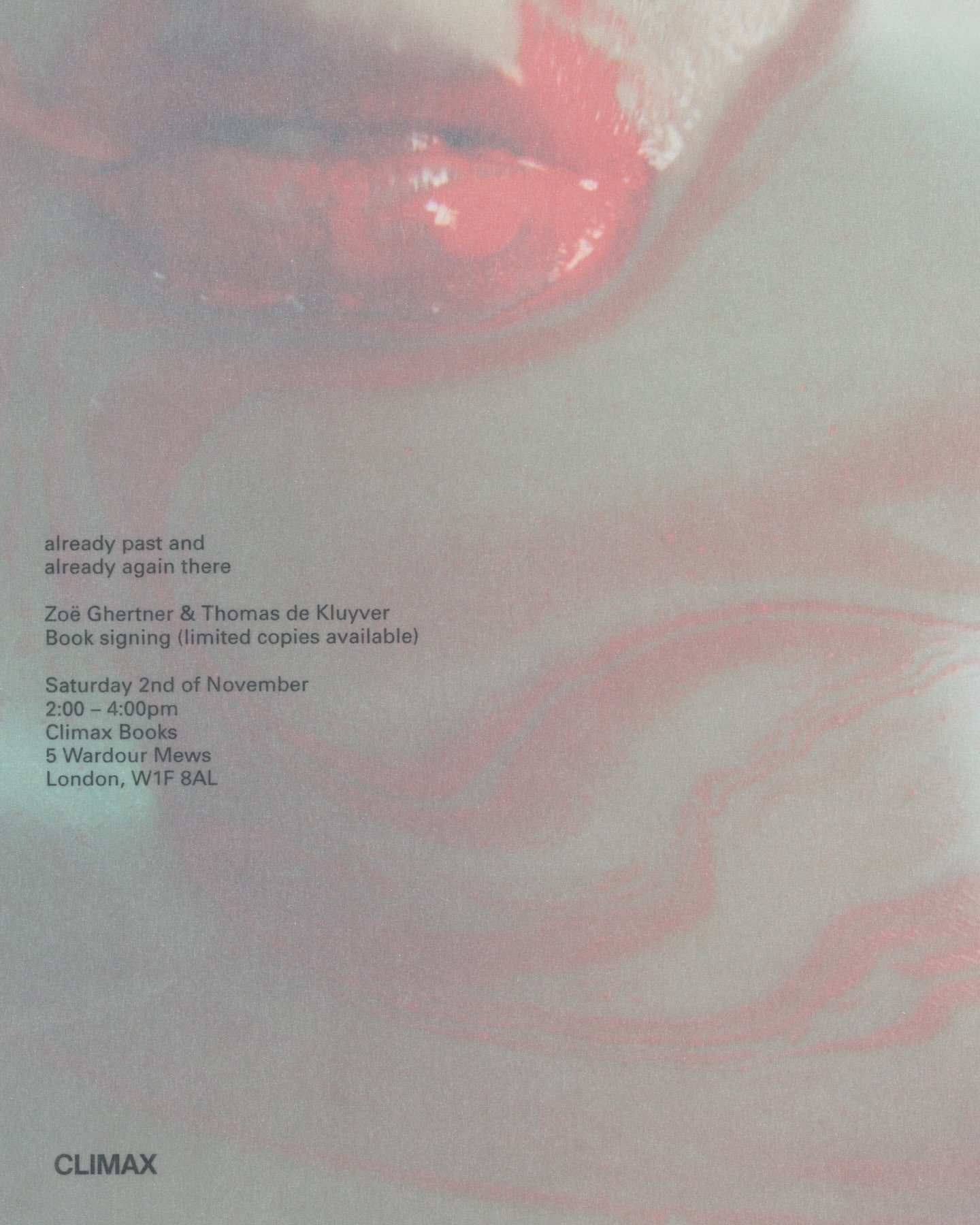 Close up shot of a book cover featuring a person's lips in tones of pale pink, red, and white, with visible text and a textured background.