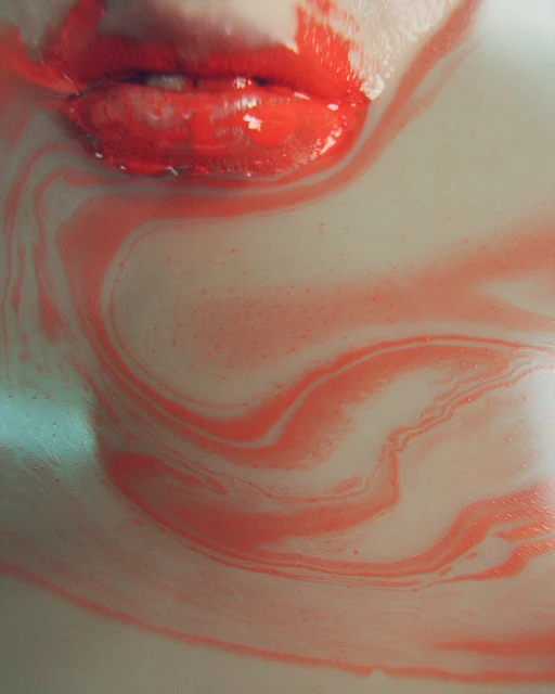 Close-up of a woman's lips with glossy red lipstick in a pool of milky liquid with red pigment creating a swirling, artistic effect.