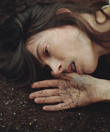 Close-up portrait of a woman lying on dark soil with patterned dots marked on her hand near her face.