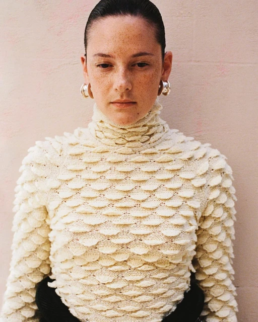 Close-up shot of a freckled woman with slicked-back hair wearing a textural ivory turtleneck and silver hoop earrings against a pink wall.