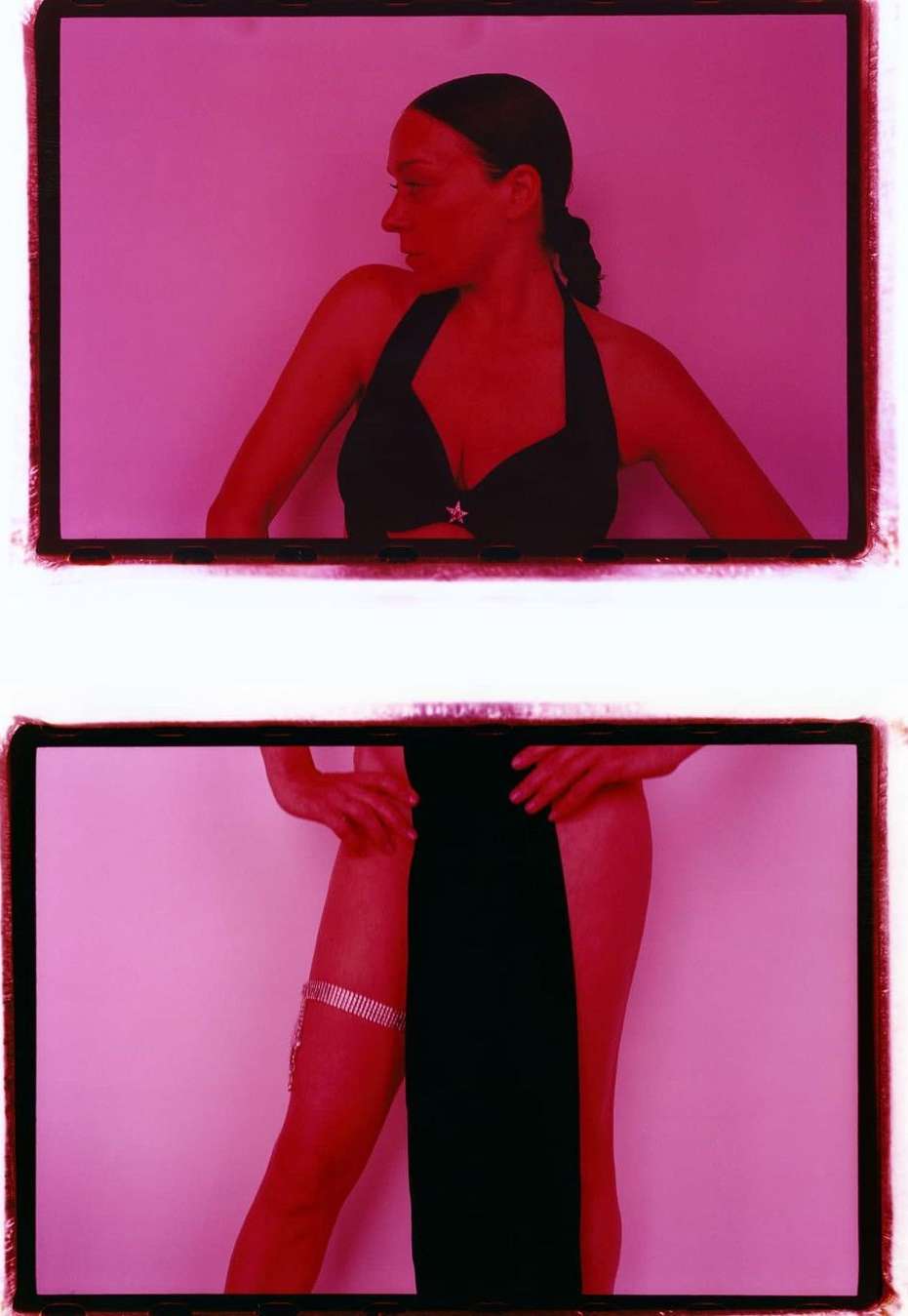 Eye-level shot of a woman posing in a black dress in front of a pink wall; the image is split into two frames, one of the torso and face, and the other of the legs.