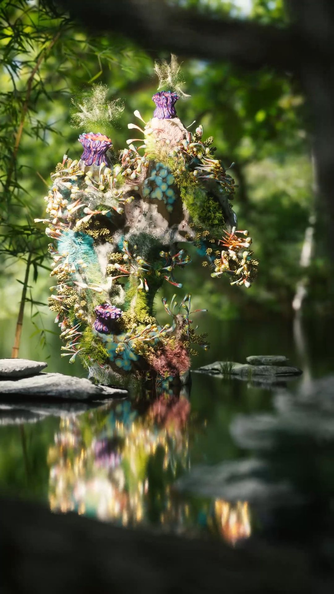 A surreal structure covered in moss and plants stands in a forest lake, reflecting in the water on a bright day, under soft lighting.