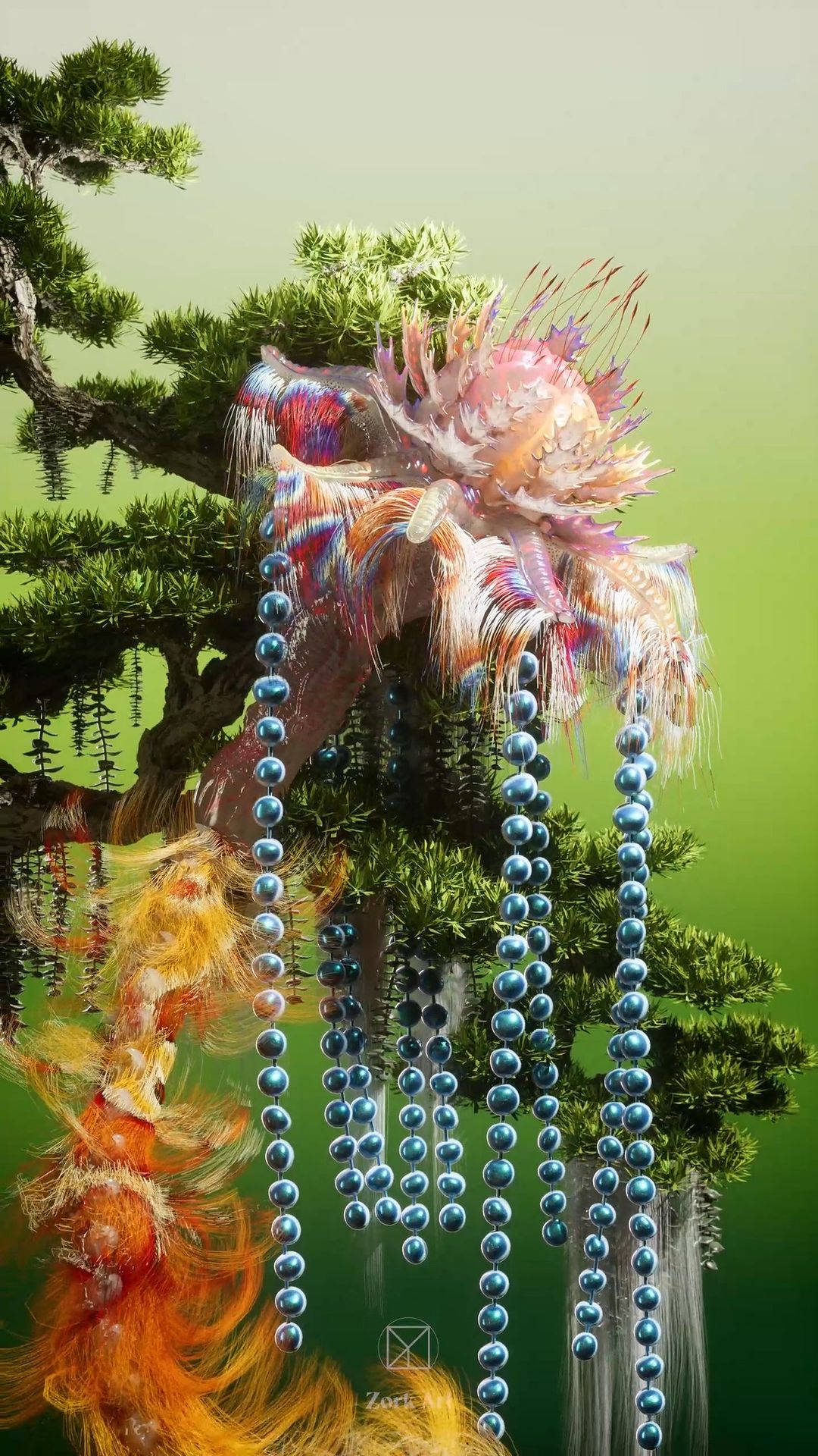 Surreal digital art of a decorative jellyfish-like object with bead strands hanging from it, nestled in a tree on a green background.