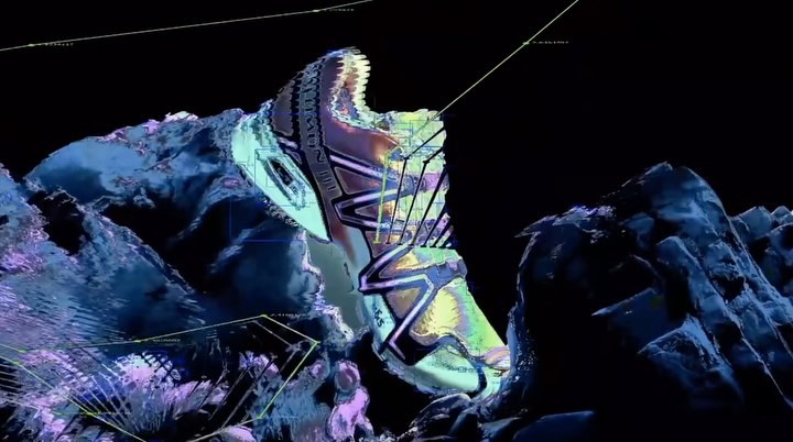 Digitally rendered footwear product display featuring CGI graphics, against a dark mountainous landscape and dynamic lighting.