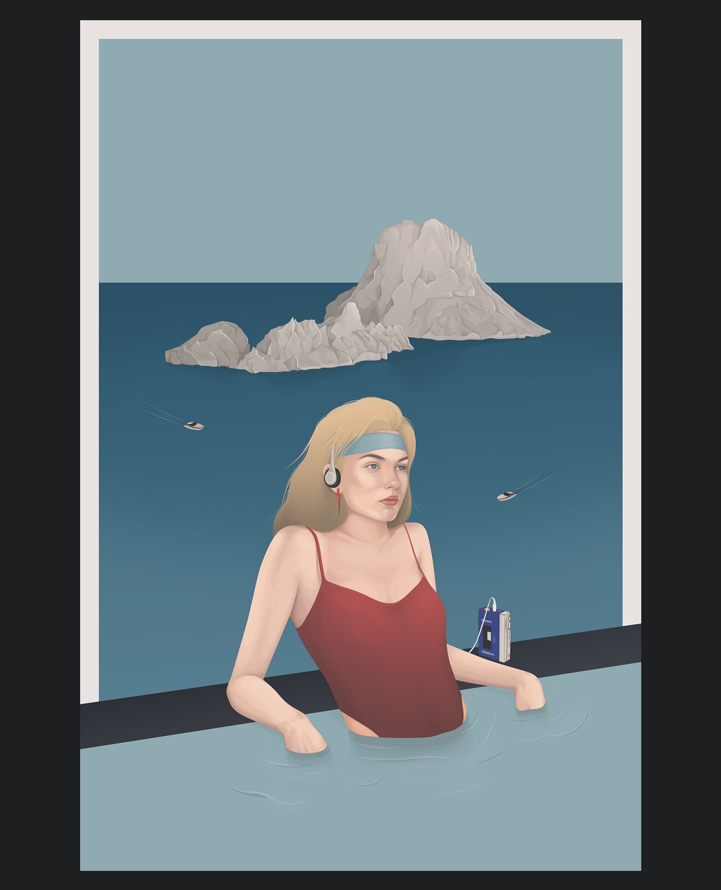 Illustration of a blonde woman in a red swimsuit enjoying a pool with a view of a rocky island in the sea, wearing headphones.