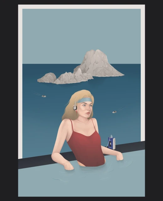 Illustration of a blonde woman in a red swimsuit enjoying a pool with a view of a rocky island in the sea, wearing headphones.