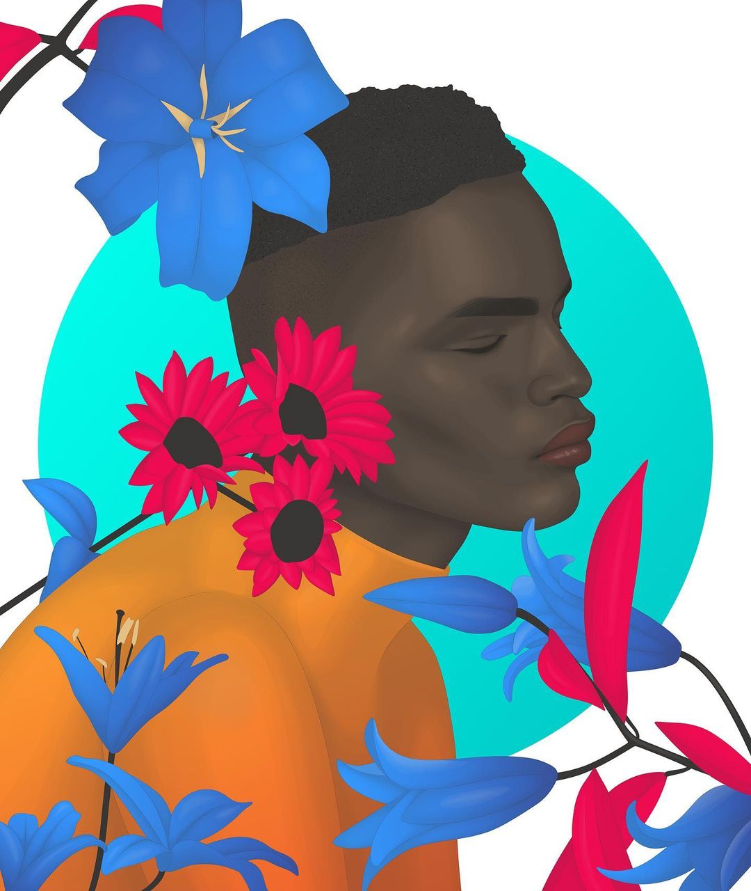 Illustration of a dark-skinned adult male surrounded by blue and red flowers against a teal and white background, graphic art style.