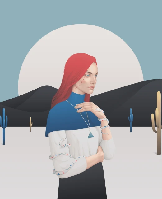Illustration of a redhead woman in a desert scene with cacti, wearing jewelry and a white dress with a blue shawl and black skirt.
