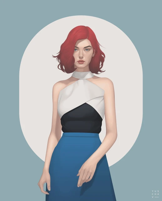 Illustration of a stylish woman with red hair wearing a black and white top with a blue skirt against a soft blue background.