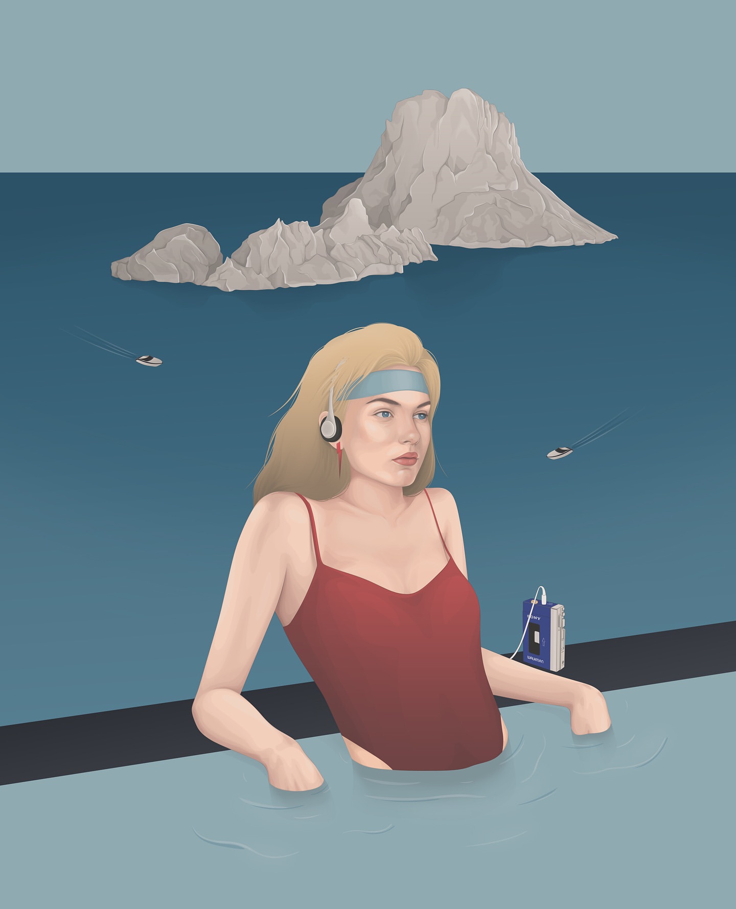 Illustration of a woman in a red bathing suit wearing headphones, standing in water with a Walkman and rock formations in background.