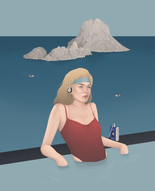 Illustration of a woman in a red bathing suit wearing headphones, standing in water with a Walkman and rock formations in background.