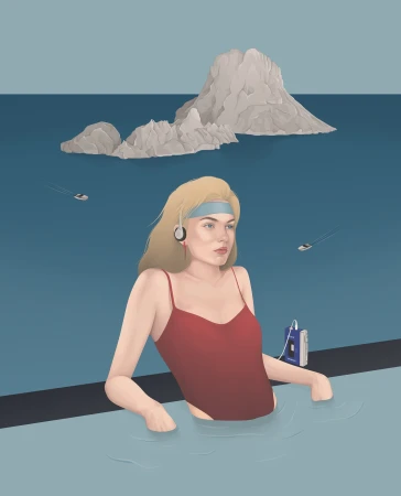 Illustration of a woman in a red bathing suit wearing headphones, standing in water with a Walkman and rock formations in background.